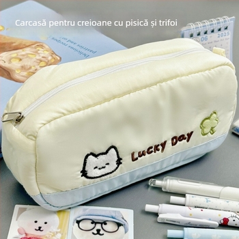 Penar din pânză cu broderie de pisică și trifoi cu patru foi, capacitate mare