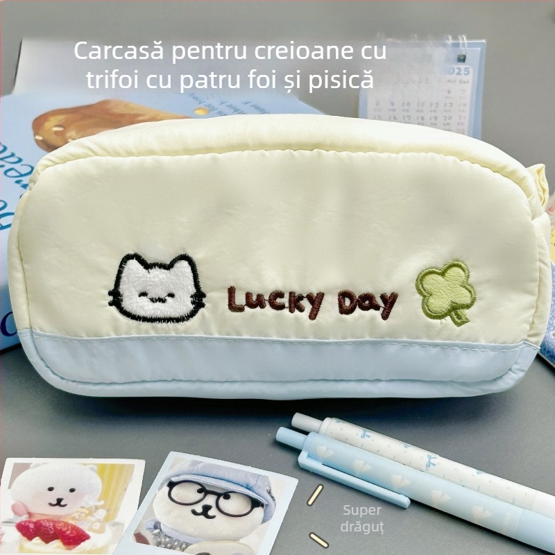 Penar din pânză cu broderie de pisică și trifoi cu patru foi, capacitate mare