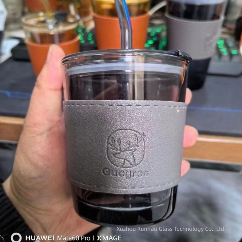 Pahar din sticlă cu pai, în stil bambus, imprimare logo