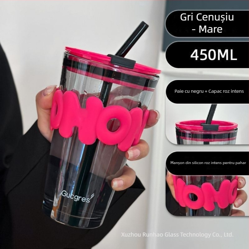 Pahar din sticlă cu pai, în stil bambus, imprimare logo
