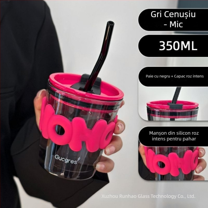 Pahar din sticlă cu pai, în stil bambus, imprimare logo