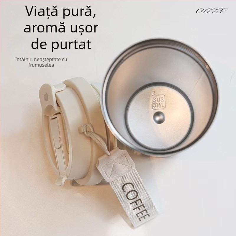Termos din oțel inoxidabil cu bretea, pentru birou, pentru apă și cafea, diametru mare, portabil pentru mașină