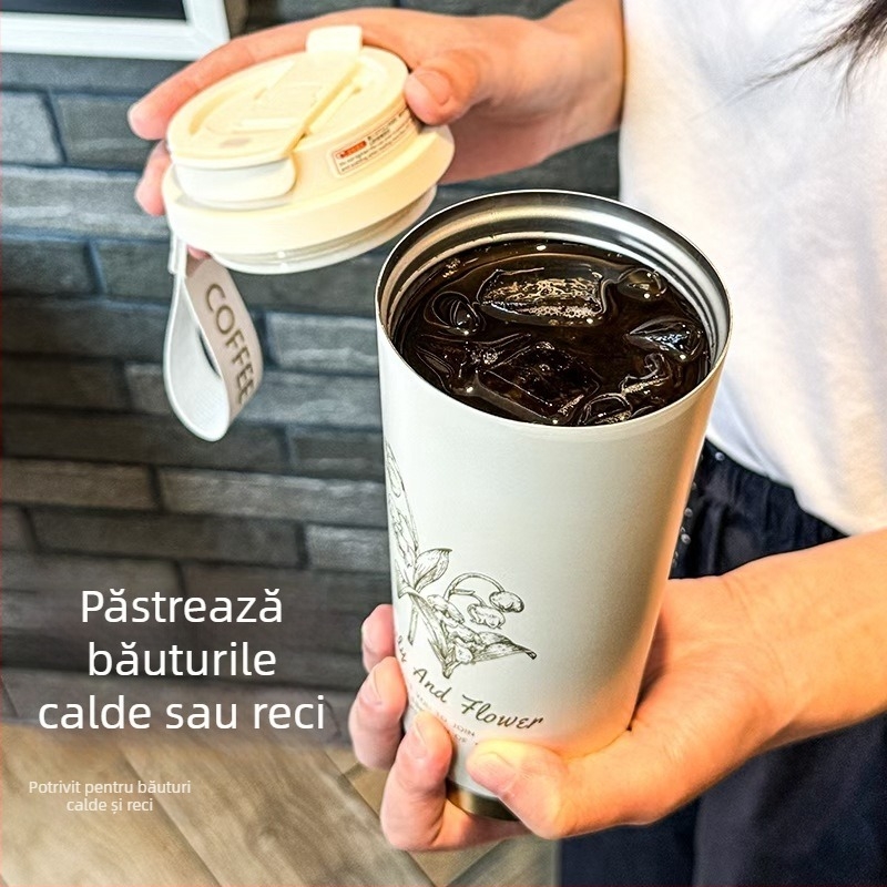 Termos din oțel inoxidabil cu bretea, pentru birou, pentru apă și cafea, diametru mare, portabil pentru mașină