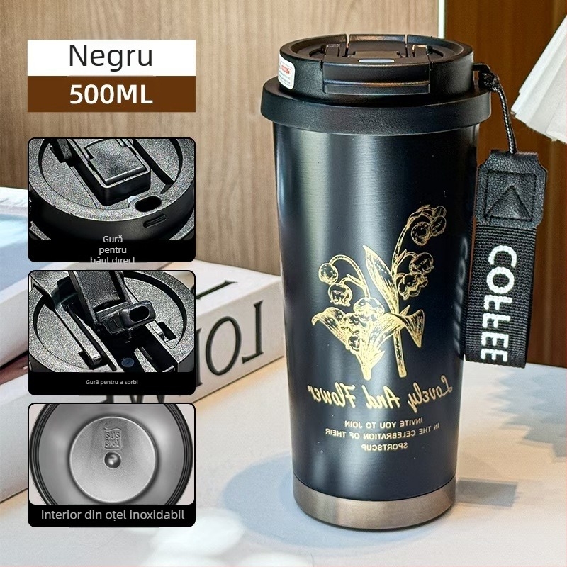 Termos din oțel inoxidabil cu bretea, pentru birou, pentru apă și cafea, diametru mare, portabil pentru mașină