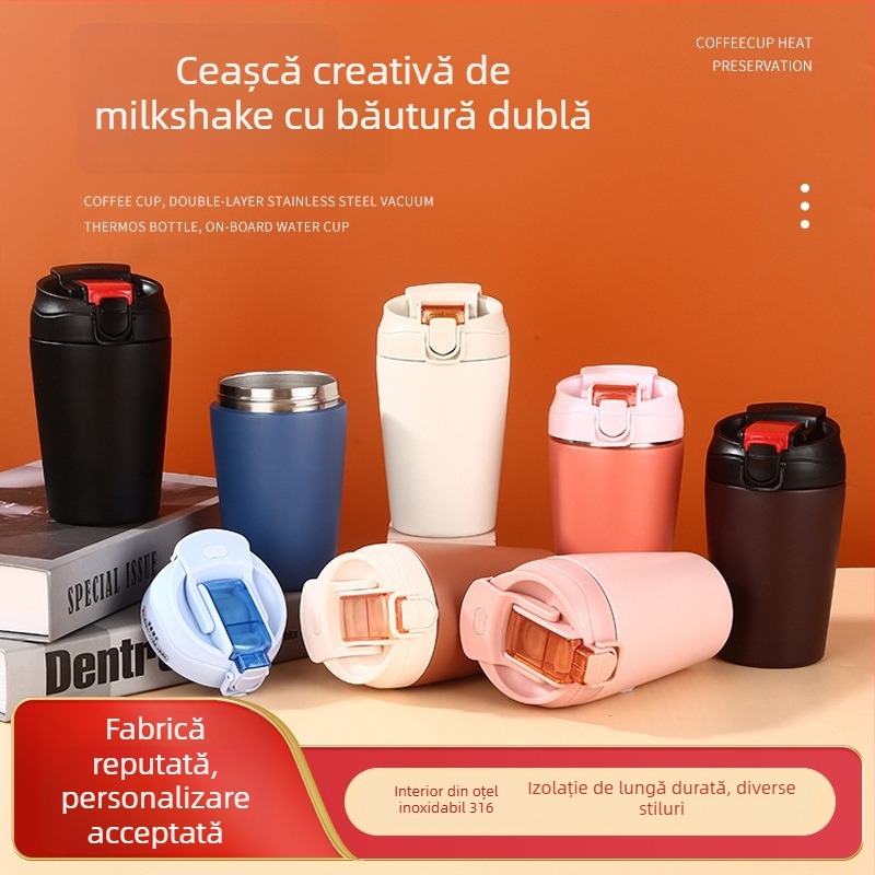 Cană shaker izolată din oțel inoxidabil 316 cu pai, recipient portabil pentru băuturi, cană minimalistă unisex pentru cafea la birou
