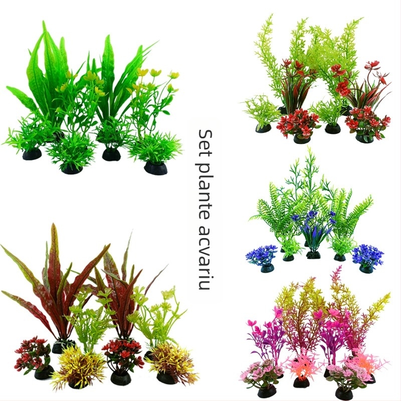 Set complet de micro-peisaj pentru acvariu: plante acvatice, decorațiuni pentru acvariu și flori artificiale din plastic
