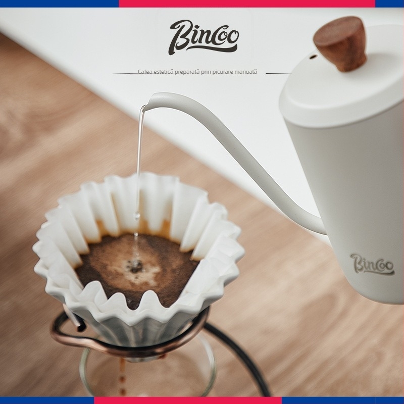 Bincoo Set pour-over cafea cu mâner din lemn, model nor, din oțel inoxidabil, set complet pentru uz casnic, râșniță manuală și oală cu gură lungă