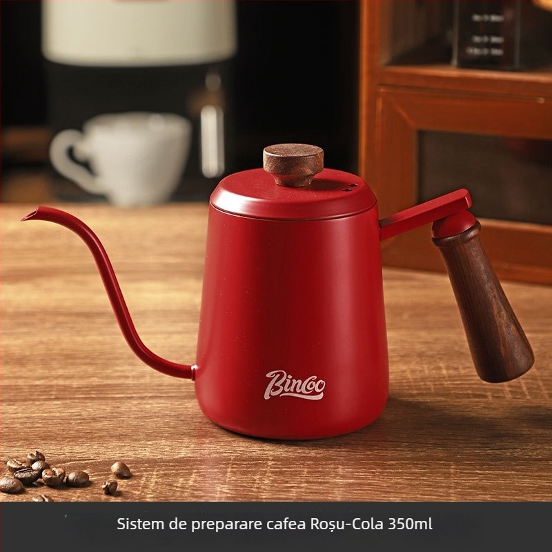 Bincoo Set pour-over cafea cu mâner din lemn, model nor, din oțel inoxidabil, set complet pentru uz casnic, râșniță manuală și oală cu gură lungă