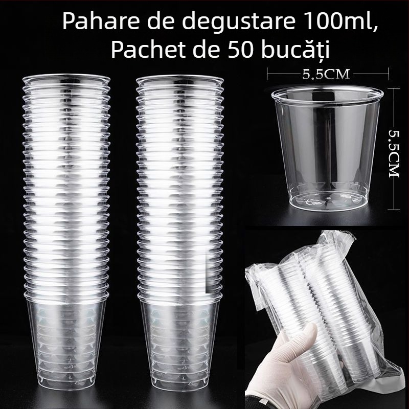 Cupe de degustare de unică folosință, mici, din plastic transparent dur, cu pereți groși, pentru degustarea ceaiului și a băuturilor, ambalate individual