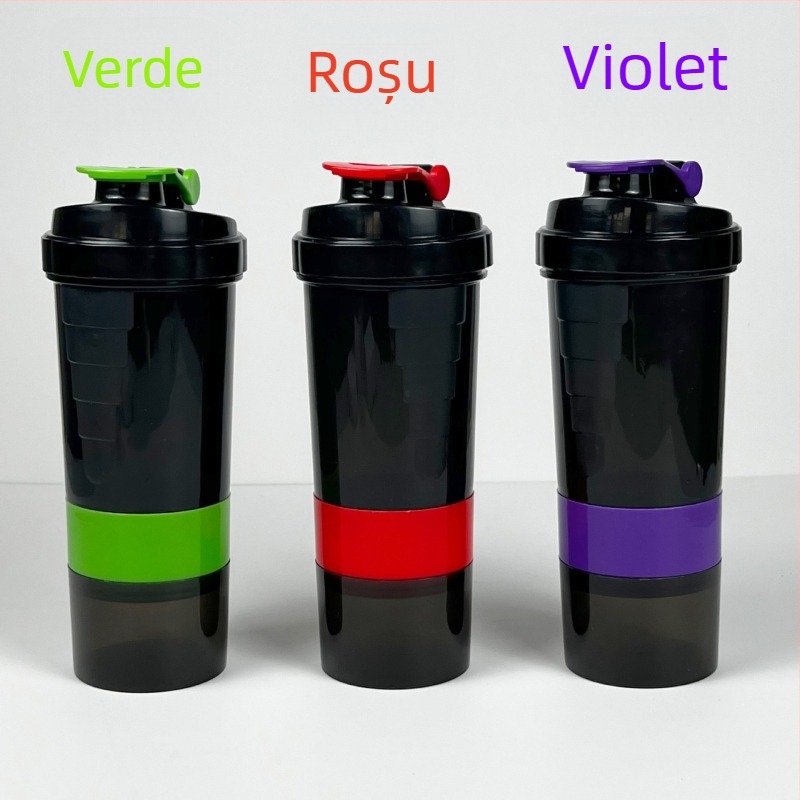 Shaker cu trei compartimente, cu compartimente pentru pudră și medicamente – pentru pudră proteică, băuturi de fitness și milkshake, recipient din plastic