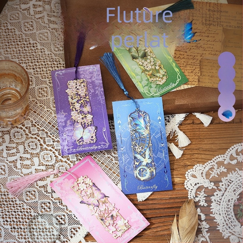 Semn de carte metalic în stil chinezesc, cu fluture perlat, design decupat, clips pentru paginile de citit, cadou mic pentru elevi și profesori