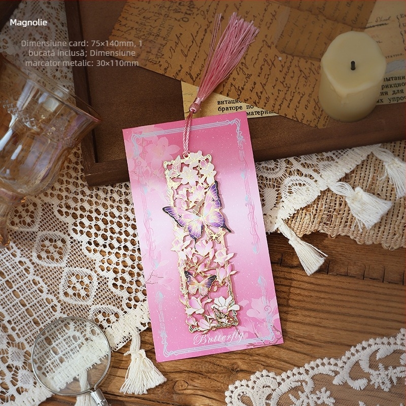 Semn de carte metalic în stil chinezesc, cu fluture perlat, design decupat, clips pentru paginile de citit, cadou mic pentru elevi și profesori