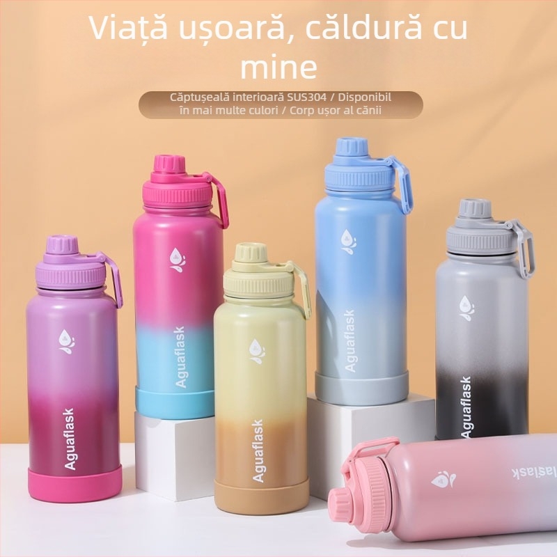 Termos exterior cu gradient, oțel inoxidabil 304 în interior, capacitate mare, bidon sport portabil cu curea