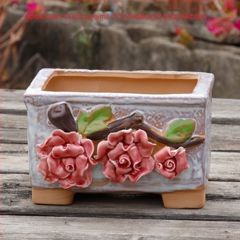 Ghiveci ceramic cu trandafir în relief tridimensional pentru suculente