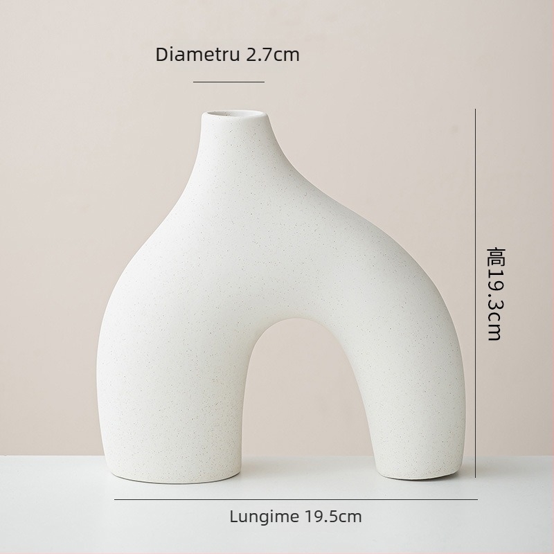 Set boem de trei vaze ceramice albe, cu design geometric rotund, fără glazură