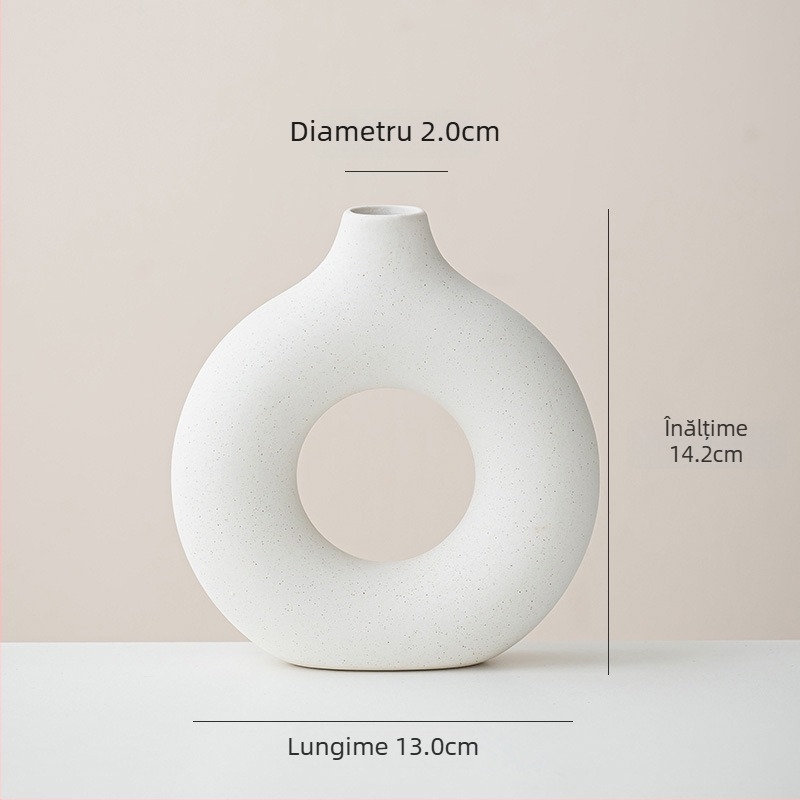 Set boem de trei vaze ceramice albe, cu design geometric rotund, fără glazură