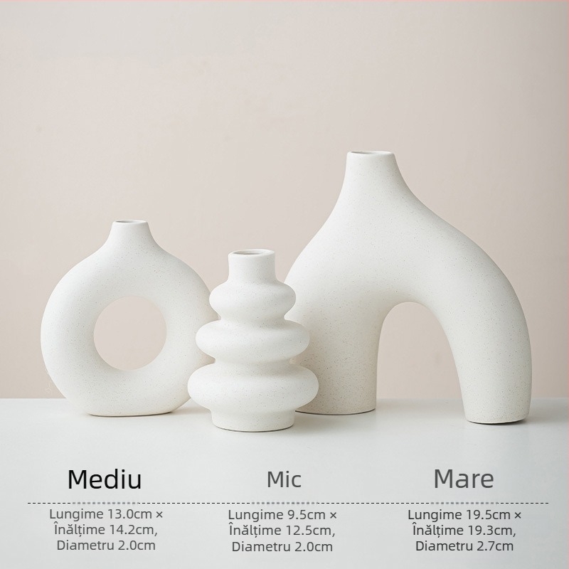 Set boem de trei vaze ceramice albe, cu design geometric rotund, fără glazură