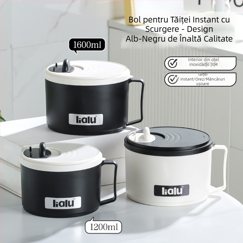 Vas pentru tăiței instant, din oțel inoxidabil 304, cu capac și drenaj, capacitate mare