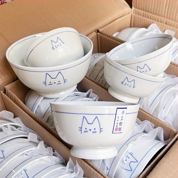 Castron ceramic pictat manual cu pisică, linii drăguțe, culoare sub glazură, diametru 11 cm, compatibil cu microunde – bol pentru orez, tăiței, supă sau desert