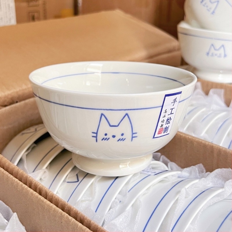 Castron ceramic pictat manual cu pisică, linii drăguțe, culoare sub glazură, diametru 11 cm, compatibil cu microunde – bol pentru orez, tăiței, supă sau desert