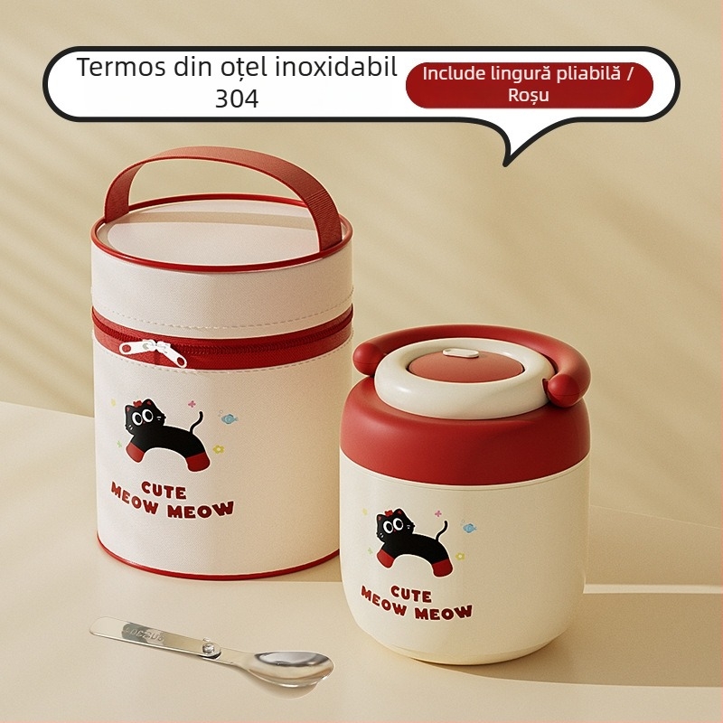 Recipient termic pentru prânz din oțel inoxidabil 304, design desen animat, compartimentare dublă, sigilat, etanș, 1,2 L