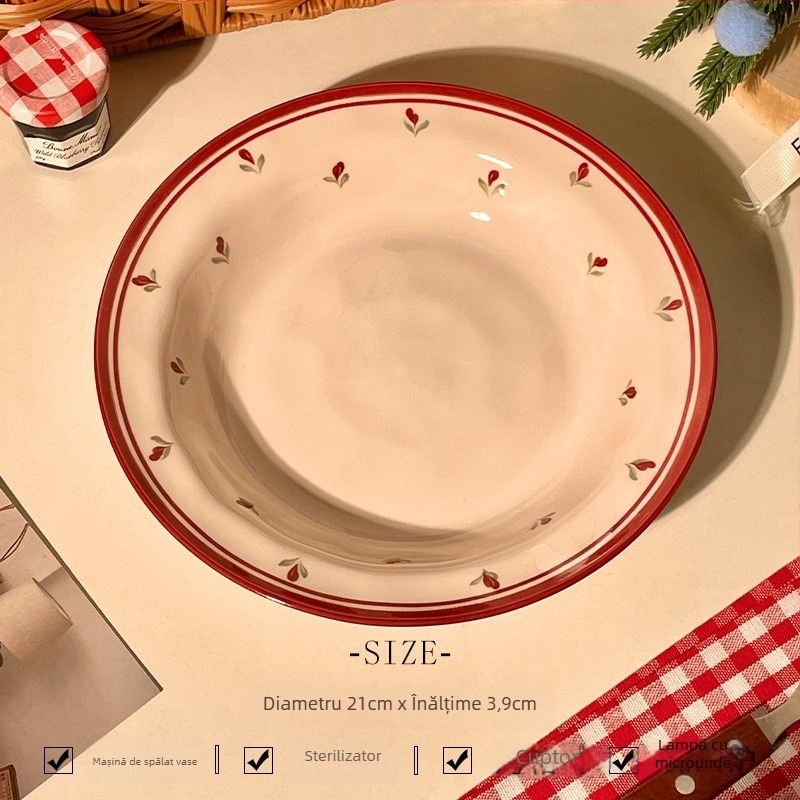 Set de boluri și farfurii din ceramică cu model roșu de flori sub glazură, pentru uz casnic, drăguț