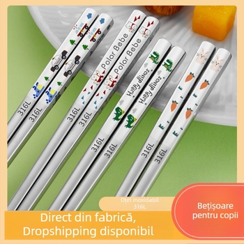 Bețișoare de mâncare pentru copii din oțel inoxidabil 316L, set părinte-copil, rezistente la mucegai, antiderapante, rezistente la temperaturi înalte, pentru casă și grădiniță