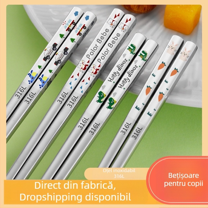 Bețișoare de mâncare pentru copii din oțel inoxidabil 316L, set părinte-copil, rezistente la mucegai, antiderapante, rezistente la temperaturi înalte, pentru casă și grădiniță