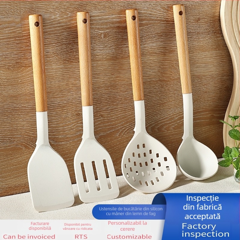Set de ustensile din siliconă pentru bucătărie cu mâner din fag: spatulă, lingură de supă, strecurător și spatulă de prăjit pentru vase antiaderente
