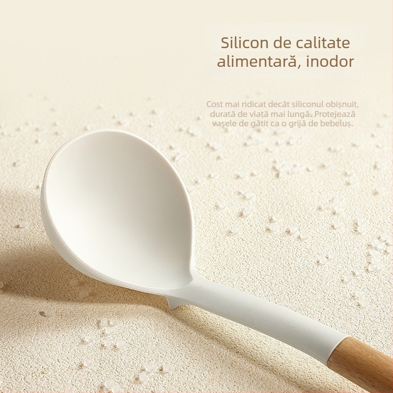 Set de ustensile din siliconă pentru bucătărie cu mâner din fag: spatulă, lingură de supă, strecurător și spatulă de prăjit pentru vase antiaderente