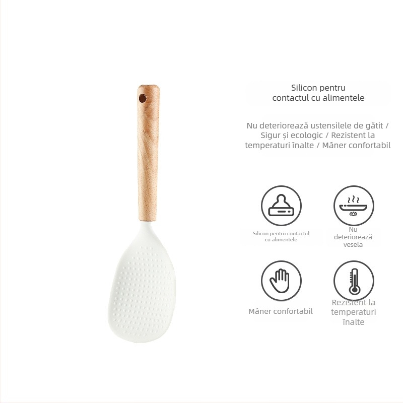 Set de ustensile din siliconă pentru bucătărie cu mâner din fag: spatulă, lingură de supă, strecurător și spatulă de prăjit pentru vase antiaderente