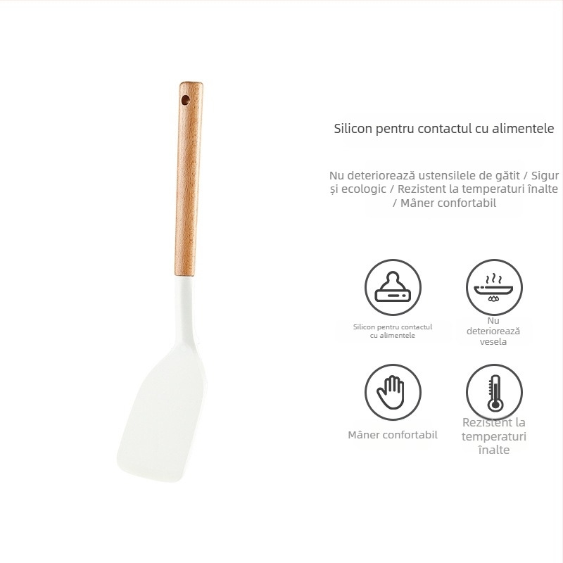 Set de ustensile din siliconă pentru bucătărie cu mâner din fag: spatulă, lingură de supă, strecurător și spatulă de prăjit pentru vase antiaderente
