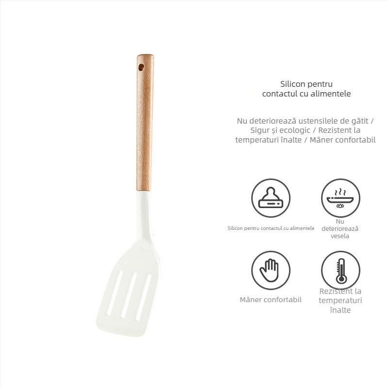 Set de ustensile din siliconă pentru bucătărie cu mâner din fag: spatulă, lingură de supă, strecurător și spatulă de prăjit pentru vase antiaderente