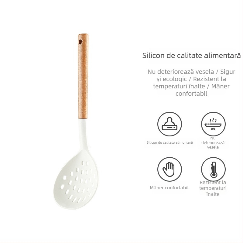 Set de ustensile din siliconă pentru bucătărie cu mâner din fag: spatulă, lingură de supă, strecurător și spatulă de prăjit pentru vase antiaderente