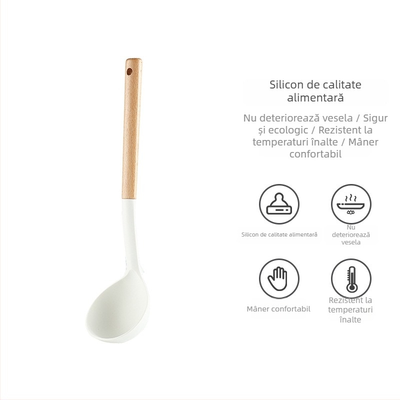 Set de ustensile din siliconă pentru bucătărie cu mâner din fag: spatulă, lingură de supă, strecurător și spatulă de prăjit pentru vase antiaderente