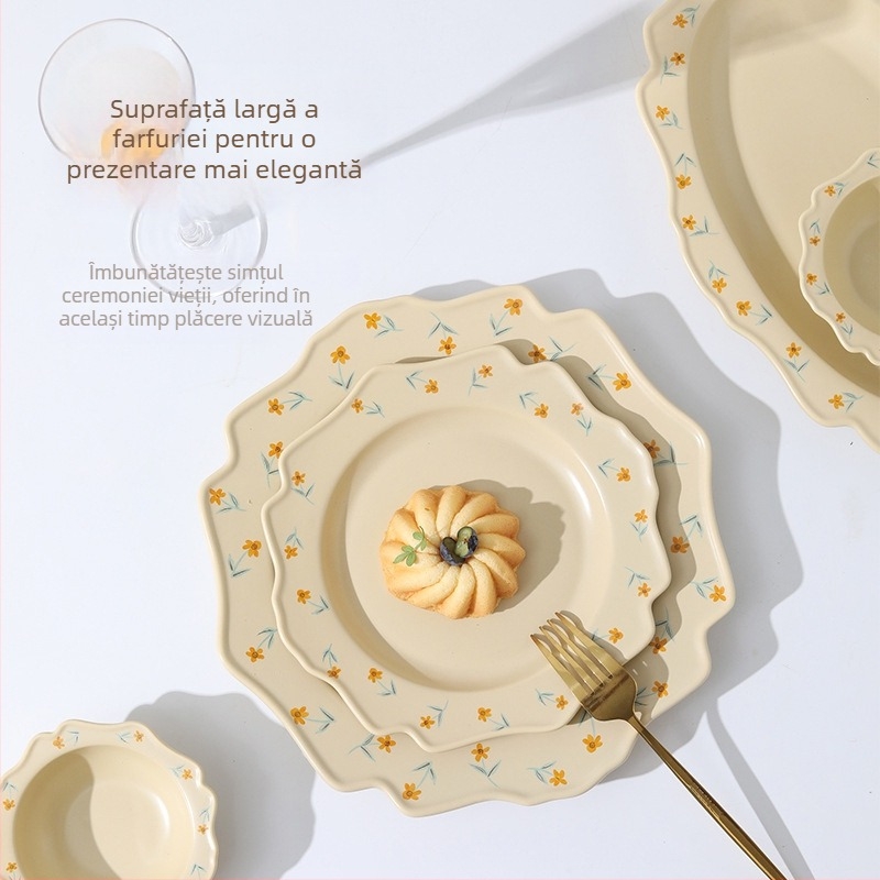 Set de veselă minimalist cu motive florale, farfurii și boluri neregulate, culori sub glazură, pentru uz casnic, stil Instagram