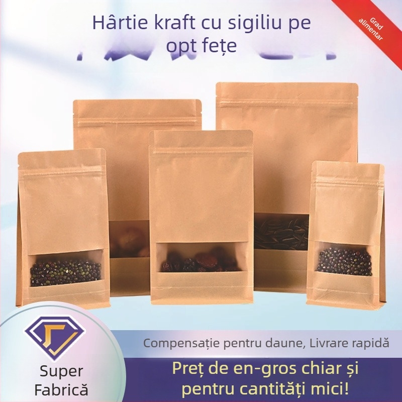 Saci din hârtie kraft cu fereastră, Stand-Up, etanșe, ambalaj alimentar pentru nuci
