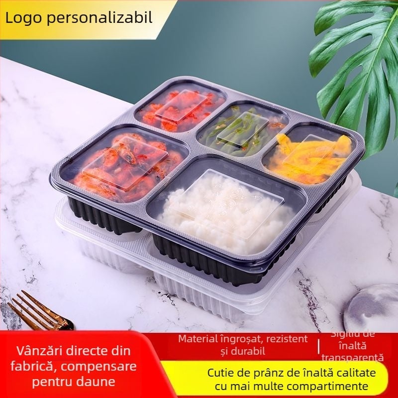 Cutie de prânz de unică folosință, cu patru până la șase compartimente, bol pentru supă, plastic îngroșat, ambalaj Bento pentru transport