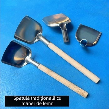 Spatulă din oțel inoxidabil îngroșată pentru gătit acasă, spatulă mare de bucătărie cu mâner din lemn, protecție împotriva arsurilor, stil tradițional