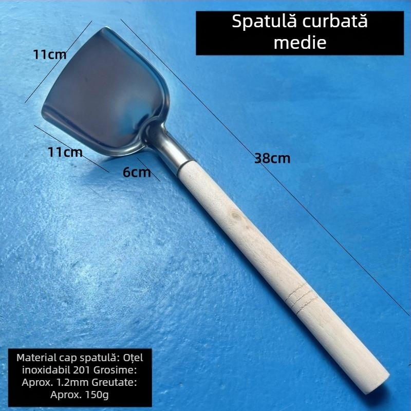 Spatulă din oțel inoxidabil îngroșată pentru gătit acasă, spatulă mare de bucătărie cu mâner din lemn, protecție împotriva arsurilor, stil tradițional