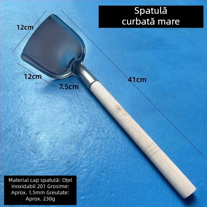 Spatulă din oțel inoxidabil îngroșată pentru gătit acasă, spatulă mare de bucătărie cu mâner din lemn, protecție împotriva arsurilor, stil tradițional