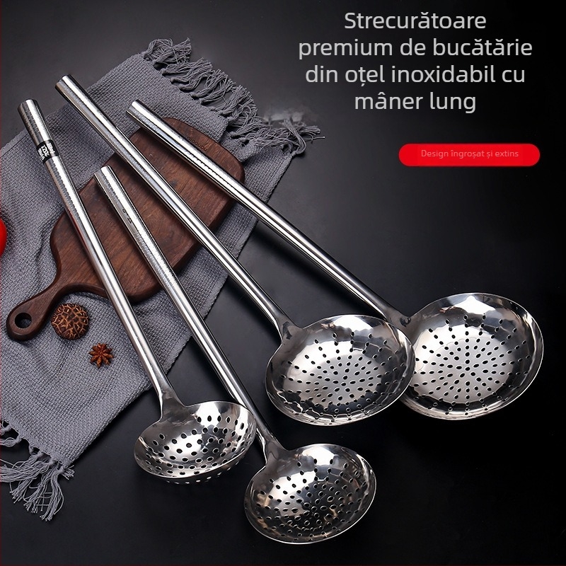 Oțel inoxidabil alimentar: lingură de gătit cu sită din plasă, lingură pentru tăiței, spatulă mare, lingură de filtrare, groasă și durabilă