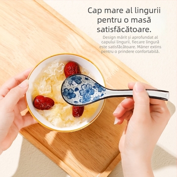 Lingură ceramică albastru-alb, cu mâner lung, stil japonez pentru supă, cu model floral.