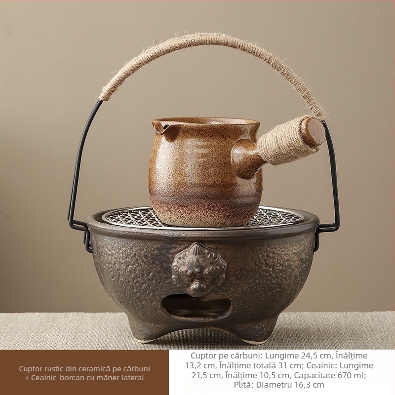 Set ceramic de ceainic pentru fierbere pe foc deschis, în uz casnic și în aer liber, cu mâner