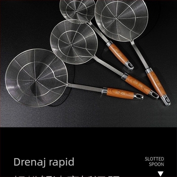 Spatulă din oțel inoxidabil cu mâner din lemn imitatie rosewood, plasă rotundă dublă, pentru uz casnic, potrivită pentru tăiței, găluște chinezești și wontons, cu funcție de scurgere