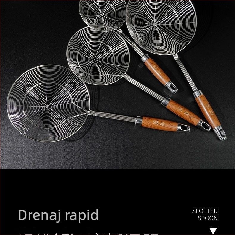 Spatulă din oțel inoxidabil cu mâner din lemn imitatie rosewood, plasă rotundă dublă, pentru uz casnic, potrivită pentru tăiței, găluște chinezești și wontons, cu funcție de scurgere