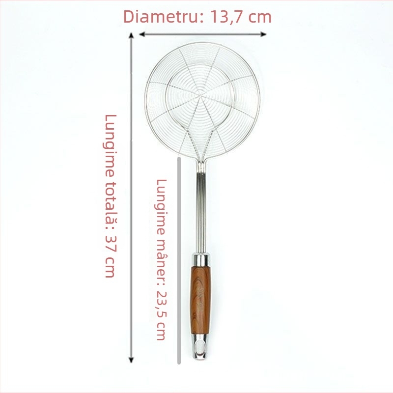 Spatulă din oțel inoxidabil cu mâner din lemn imitatie rosewood, plasă rotundă dublă, pentru uz casnic, potrivită pentru tăiței, găluște chinezești și wontons, cu funcție de scurgere