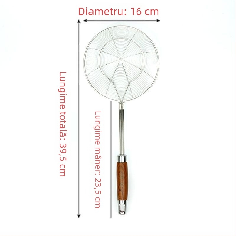 Spatulă din oțel inoxidabil cu mâner din lemn imitatie rosewood, plasă rotundă dublă, pentru uz casnic, potrivită pentru tăiței, găluște chinezești și wontons, cu funcție de scurgere
