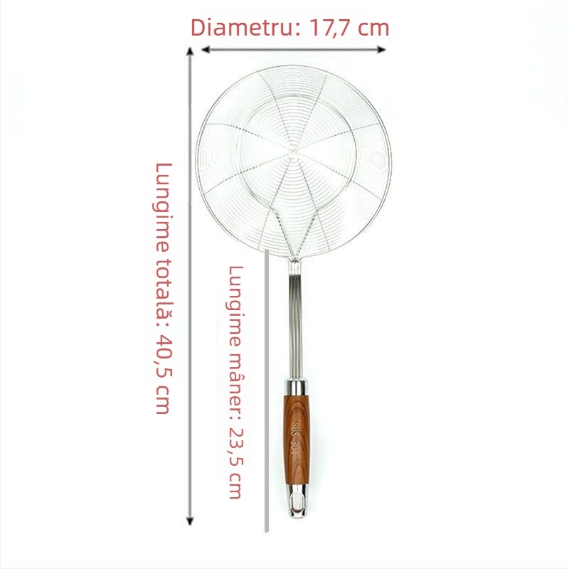 Spatulă din oțel inoxidabil cu mâner din lemn imitatie rosewood, plasă rotundă dublă, pentru uz casnic, potrivită pentru tăiței, găluște chinezești și wontons, cu funcție de scurgere