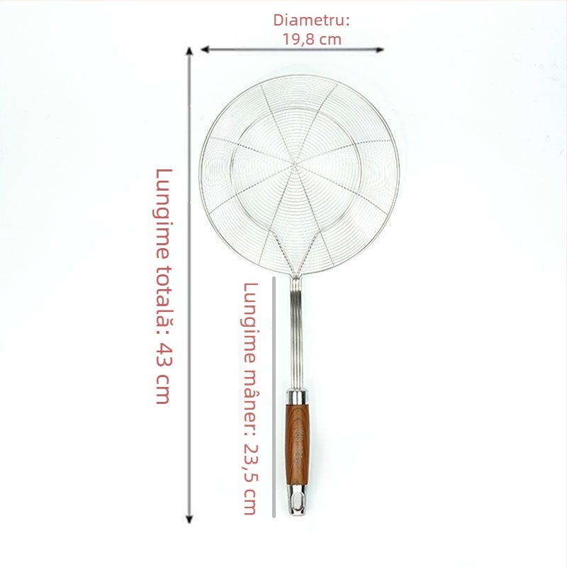 Spatulă din oțel inoxidabil cu mâner din lemn imitatie rosewood, plasă rotundă dublă, pentru uz casnic, potrivită pentru tăiței, găluște chinezești și wontons, cu funcție de scurgere